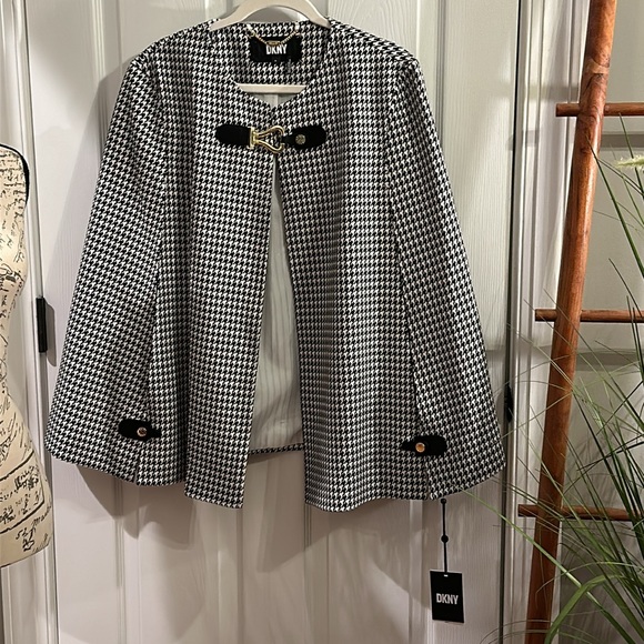 DKNY Women’s Houndstooth Cape-Sleeve Jacket w/Open Front Collarless Detail in XL - Picture 7 of 16